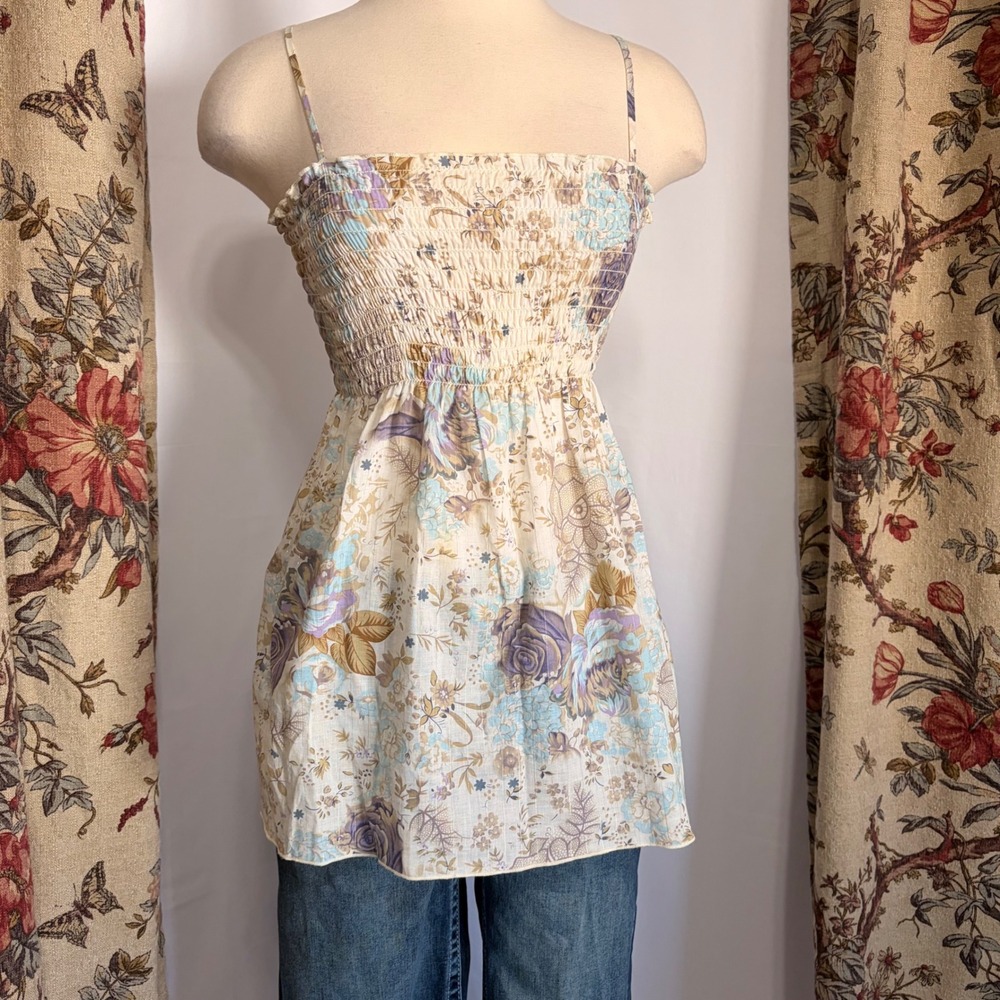 Star City Adorable Y2k Floral Smocked Cami Babydoll Tank Top with blue floral